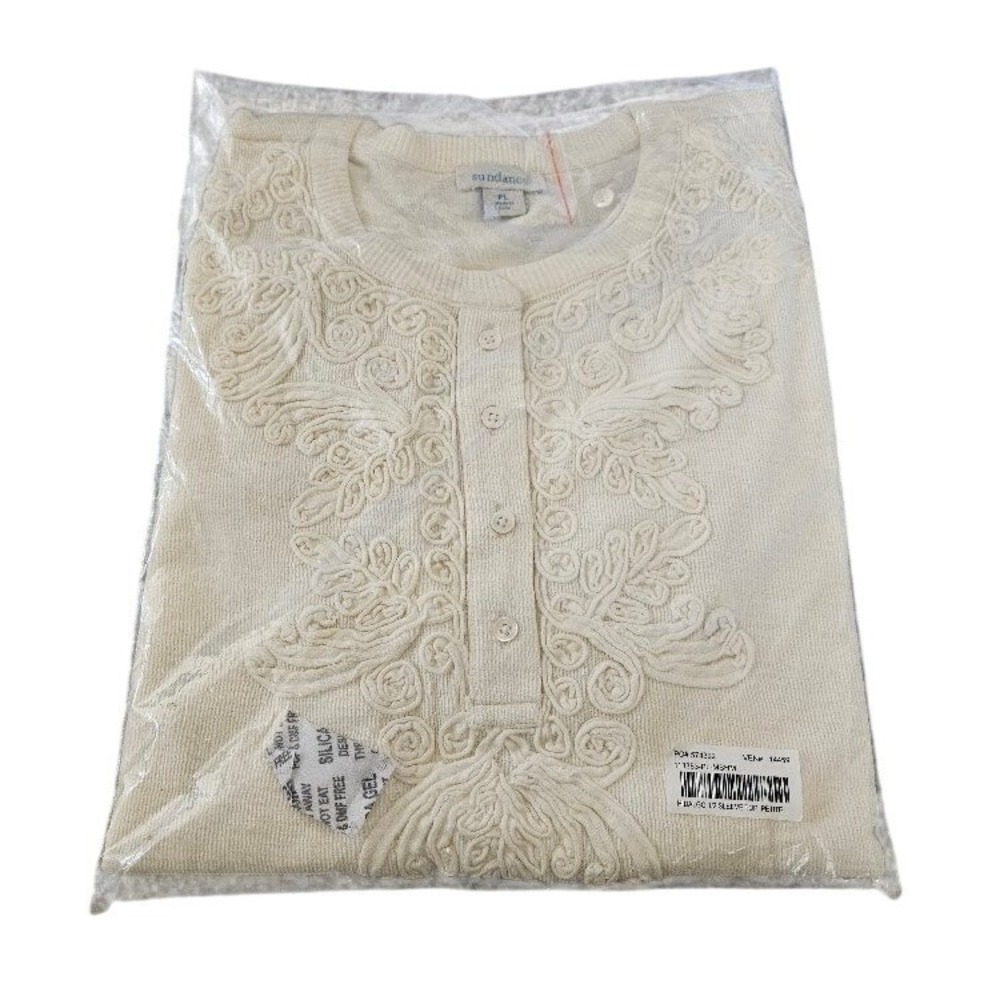 Sundance Hidalgo Cream Soutache Embroidered Henley 1/2 Sleeve Top Petite Large